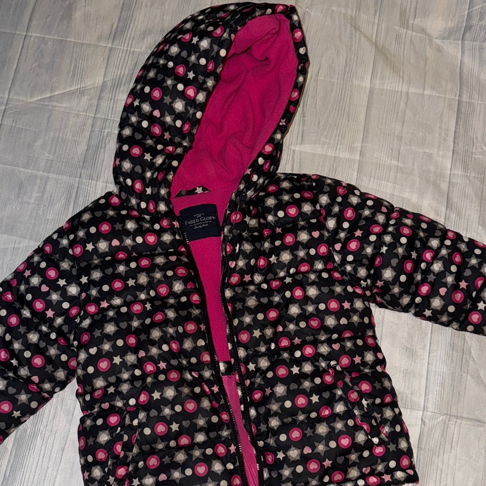 Faded Glory Black and Pink Star Puffer Jacket
